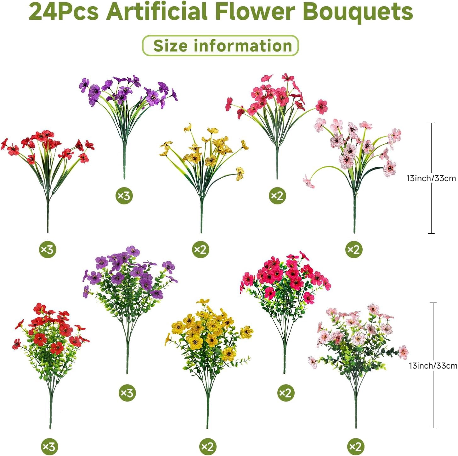 24 Bundles Artificial Flowers Faux Plants Outdoor Decor, UV Resistant Silk Violet Spring Fake Plants for Outside Indoor Yard Home Patio Porch Decor, Mix 5 Colors