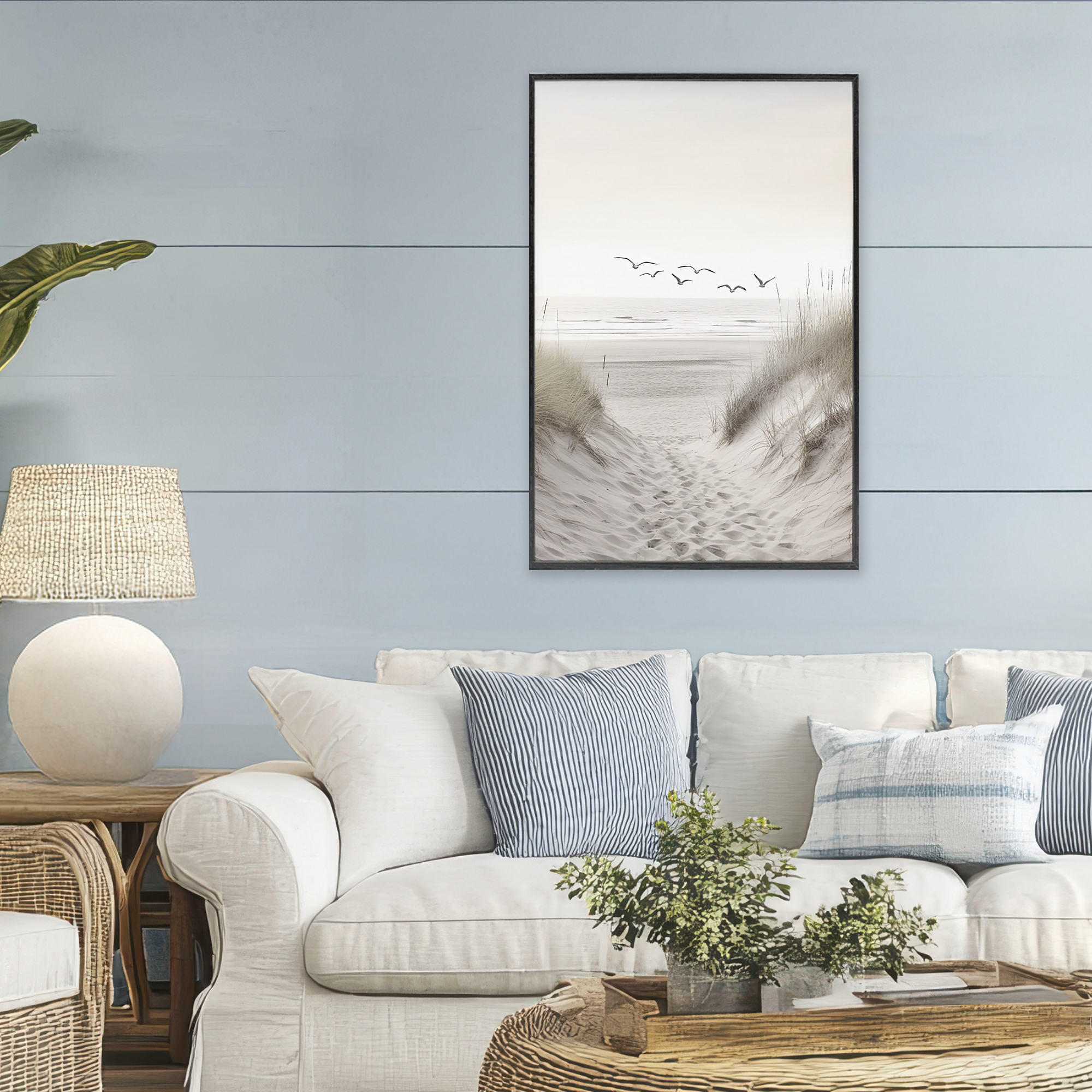 Seagulls over Sandy Footprints Black Framed Giclee Art, design by Decent Exposures