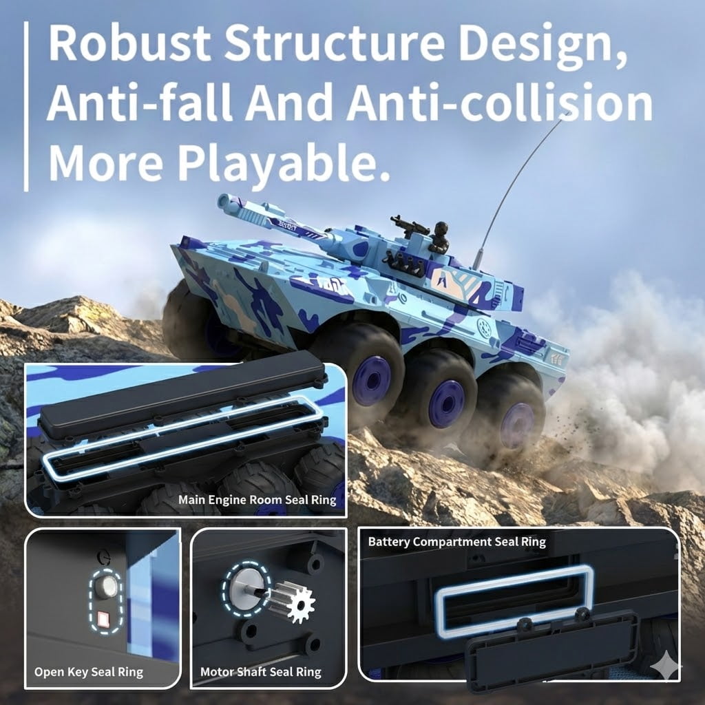 1/32 Scale 8-Wheel Drive Remote Control Amphibious Tank, Waterproof All-Terrain Stunt Car, Blue Camouflage Toy for Ages 6+