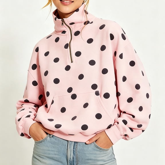 SwiftWear Women's Half Zip Polka Dots Fleece Hoodie Cute Sweatshirt with Kangaroo Pocket Long Sleeve Casual Loose Fit Pullover