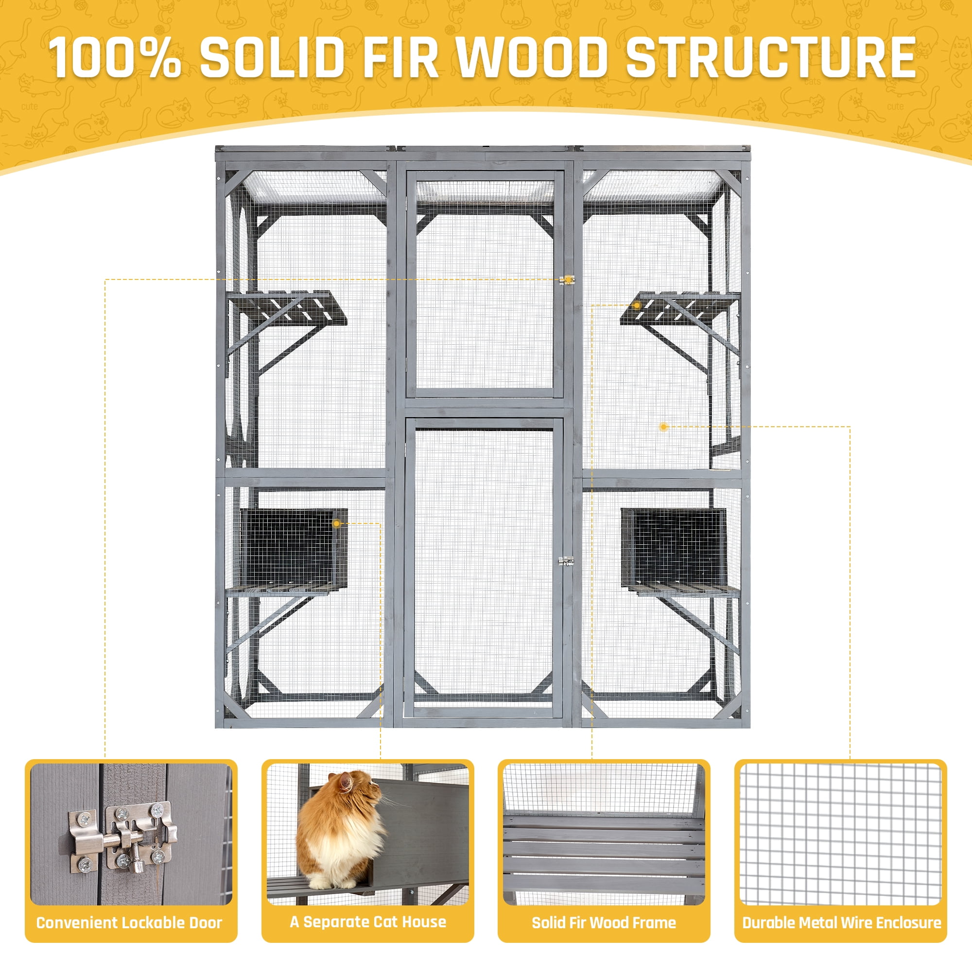 Outdoor Cat Enclosure with Weatherproof PVC Roof 72" Height Cat Wooden House Large Cat Catio