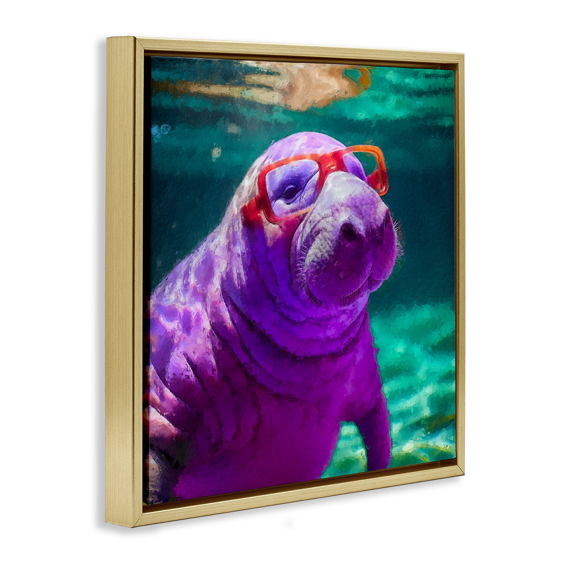 Stupell Industries Manatee with Glasses Animals & Insects Painting Gold Floater Framed Canvas Art Print Wall Art, 18 x 18