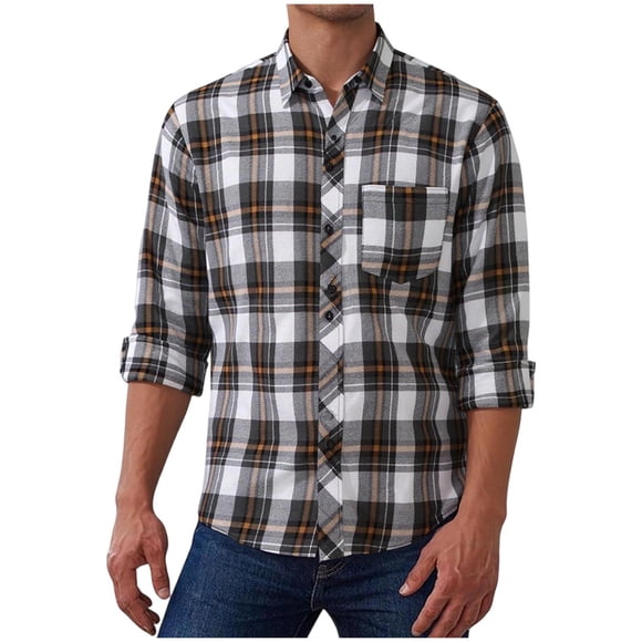 LMKIHUSA Plaid Flannel Shirt for Men Casual Regular Fit Loose Shacket Long Sleeve Button Down Lapel Tshirts Checkered Lightweight Tops White,XXL