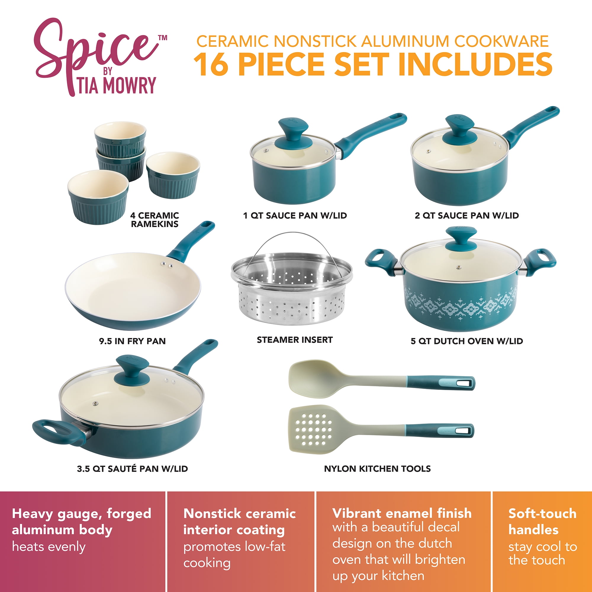 Spice By Tia Mowry Cookware Set, Savory Saffron, Ceramic Nonstick, Aluminum