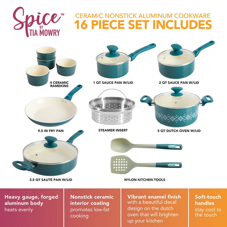 Spice by Tia Mowry Savory Saffron Teal 16 Piece Ceramic Nonstick Cookware  Set