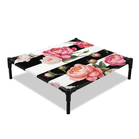 Pink Peony Elevated Dog Bed Flowers Black And White Stripes Cooling Breathable Outdoor Raised Dog Cot Bed with Metal Frame Non-Slip Feet for Small Dog 20x20in