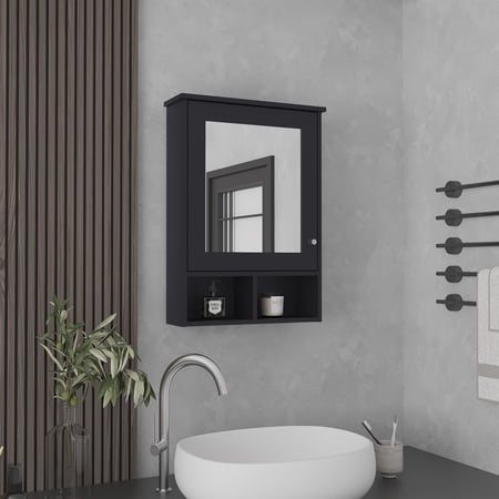 Vina Modern Medicine Cabinet with Mirror Door - 29" Black Wall Mounted Organizer | 3 Concealed & 2 Open Shelves | Particle Board | Bathroom, Kitchen, Mudroom Storage