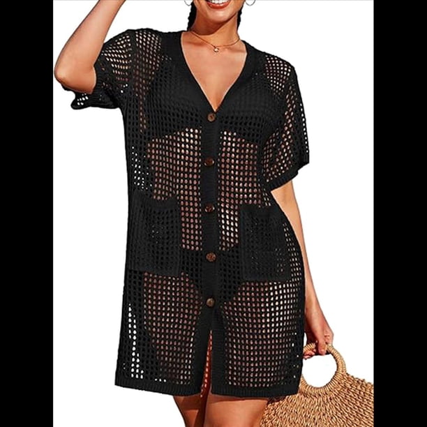 Vestido de Crochet con Botones y Abertura Lateral para Mujer, Traje de Baño con Bolsillos. Negro M