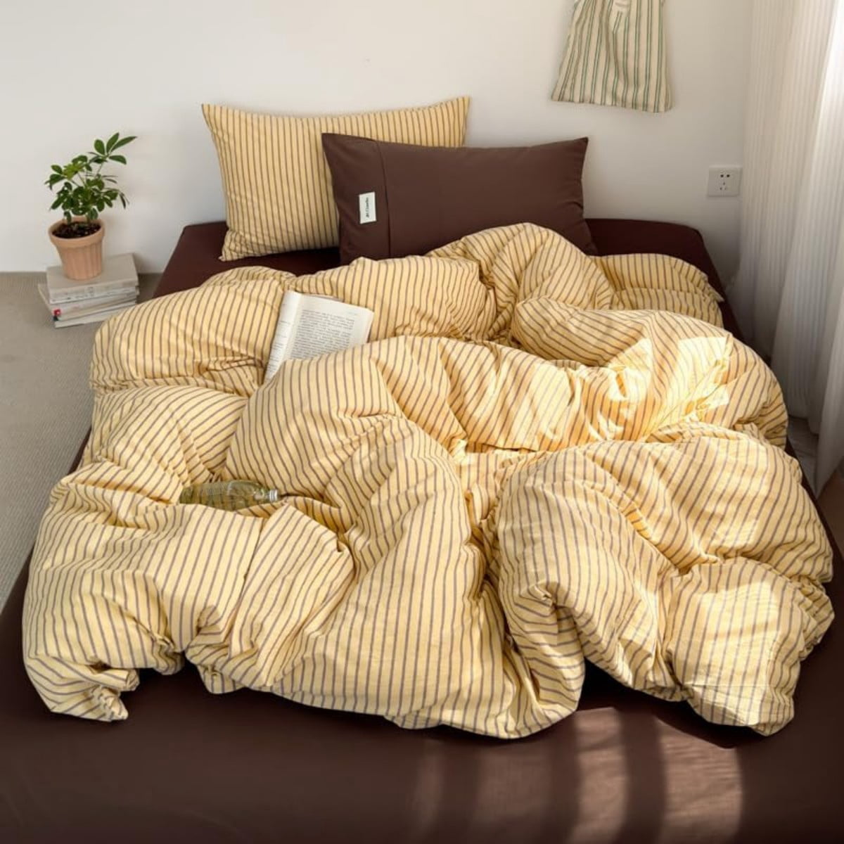 NAYOROOM Brown Stripes Yellow Duvet Cover Queen Set, 3-Piece Retro Vertical Ticking Stripes Soft Comforter Cover