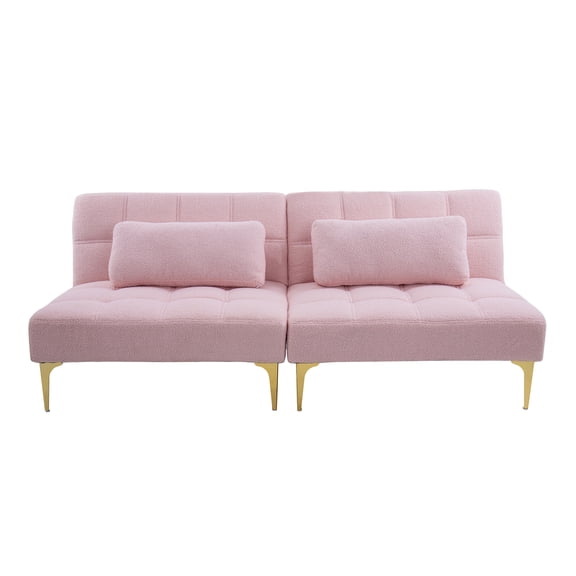 71" Convertible sofa bed futon with gold metal legs teddy fabric (Pink)