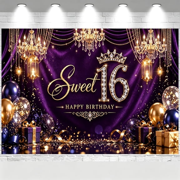 Sweet 16 Birthday Backdrop Purple Curtain Gold Crown Birthday Banner Girls Sweet 16 Birthday Decorations Background