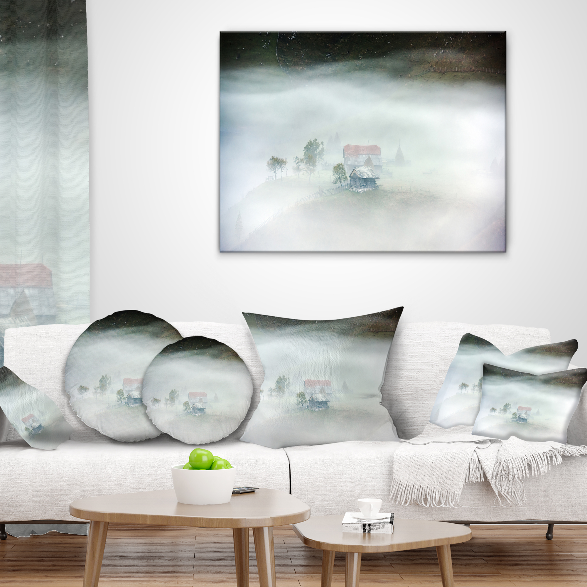 Designart Morning Fog at Sunrise - Landscape Photo Throw Pillow - 12x20