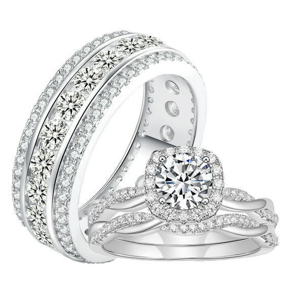 SFTING Wedding Ring Sets His and Hers 3Pcs 925 Sterling Silver 5A CZ Enternity Engagaement Ring Set for Copule Size 9&7