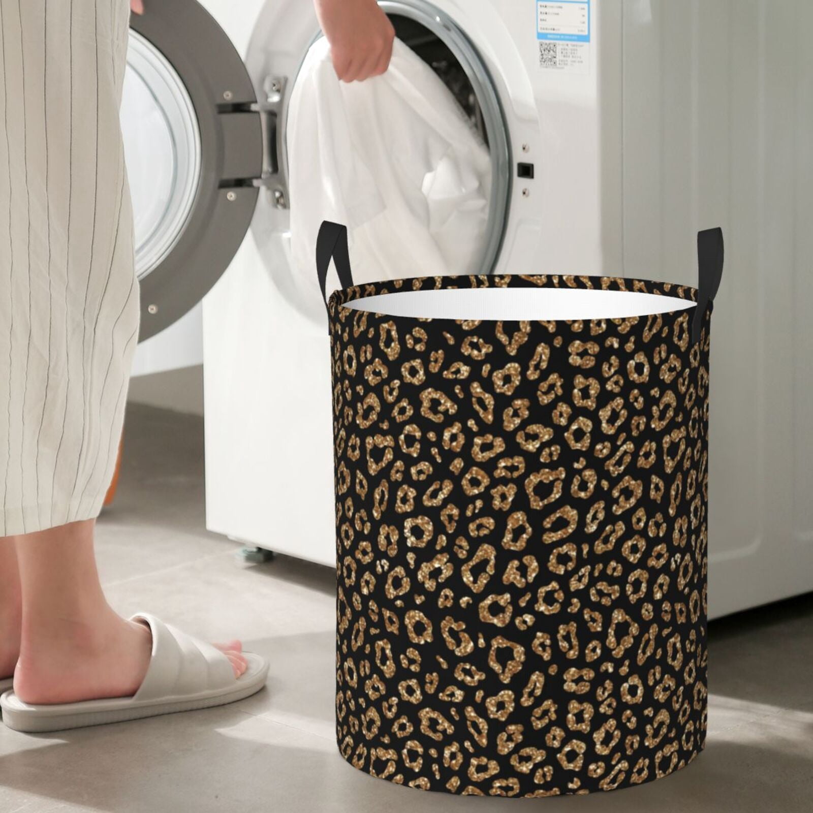 Large Laundry Basket with Handles - gold glitter leopard print Kids Baby Dirty Clothes Laundry Hamper for Bedroom Aesthetic