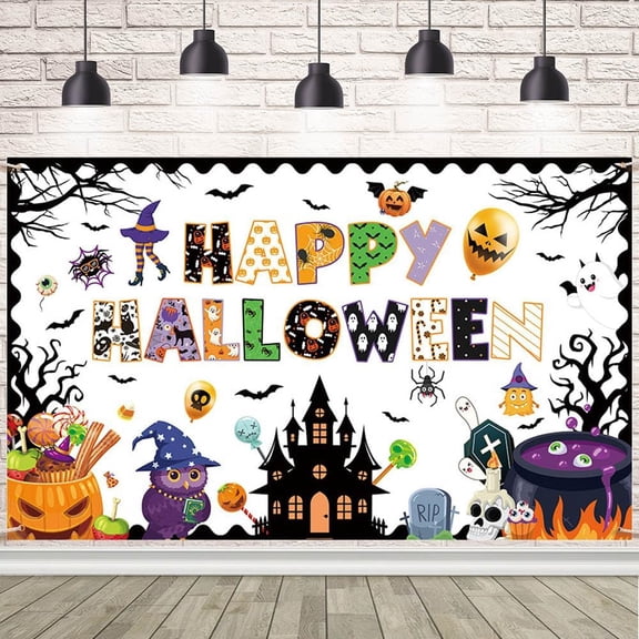 Happy Halloween Classroom Banner Backdrop Halloween Ghost Decor Ghost Boo Spider Bat Pumpkin Classroom Decor for School Home Wall Party Decor 8 X 6 FT