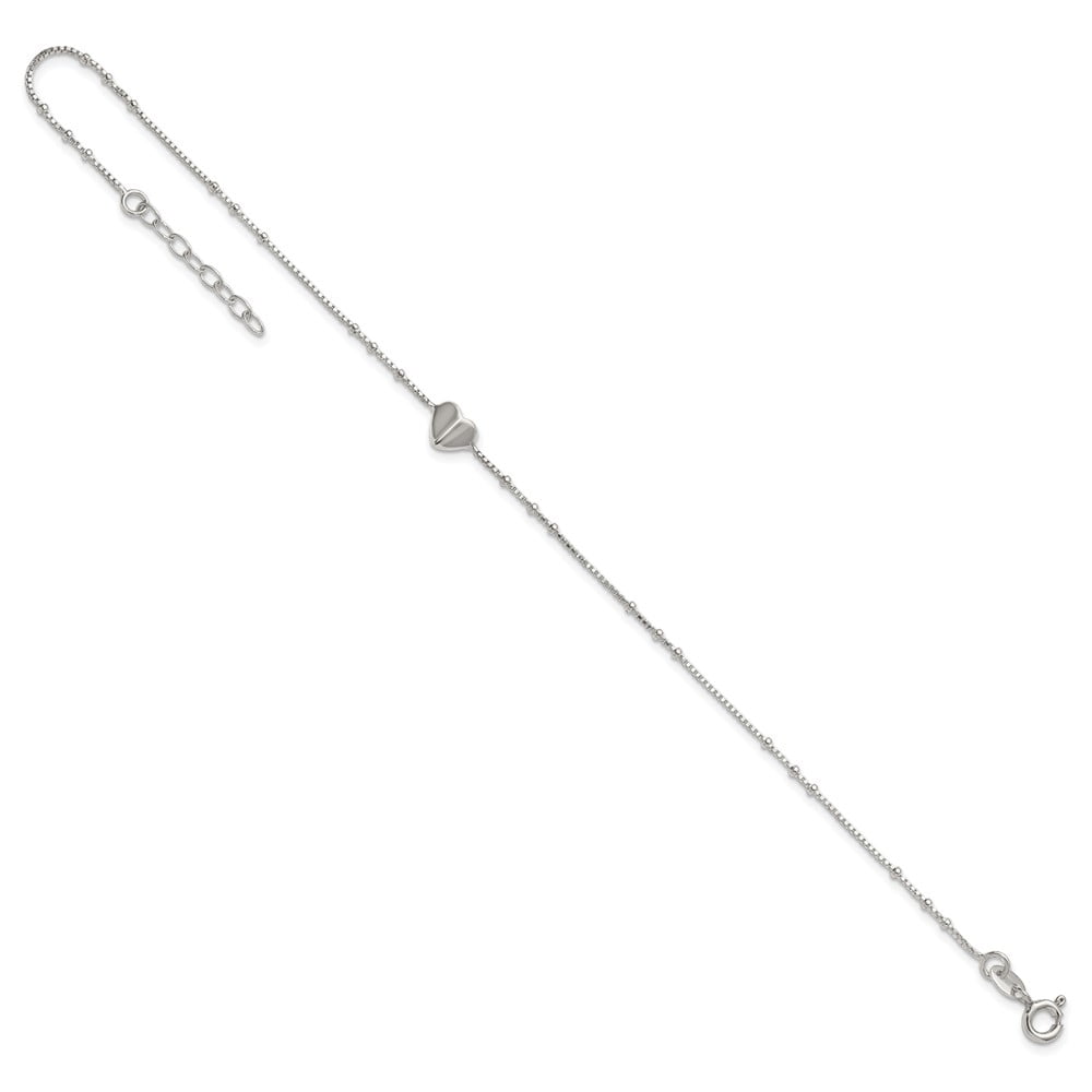 Sterling Silver Polished and Beaded Heart 9 inch with 1 inch Extension Anklet