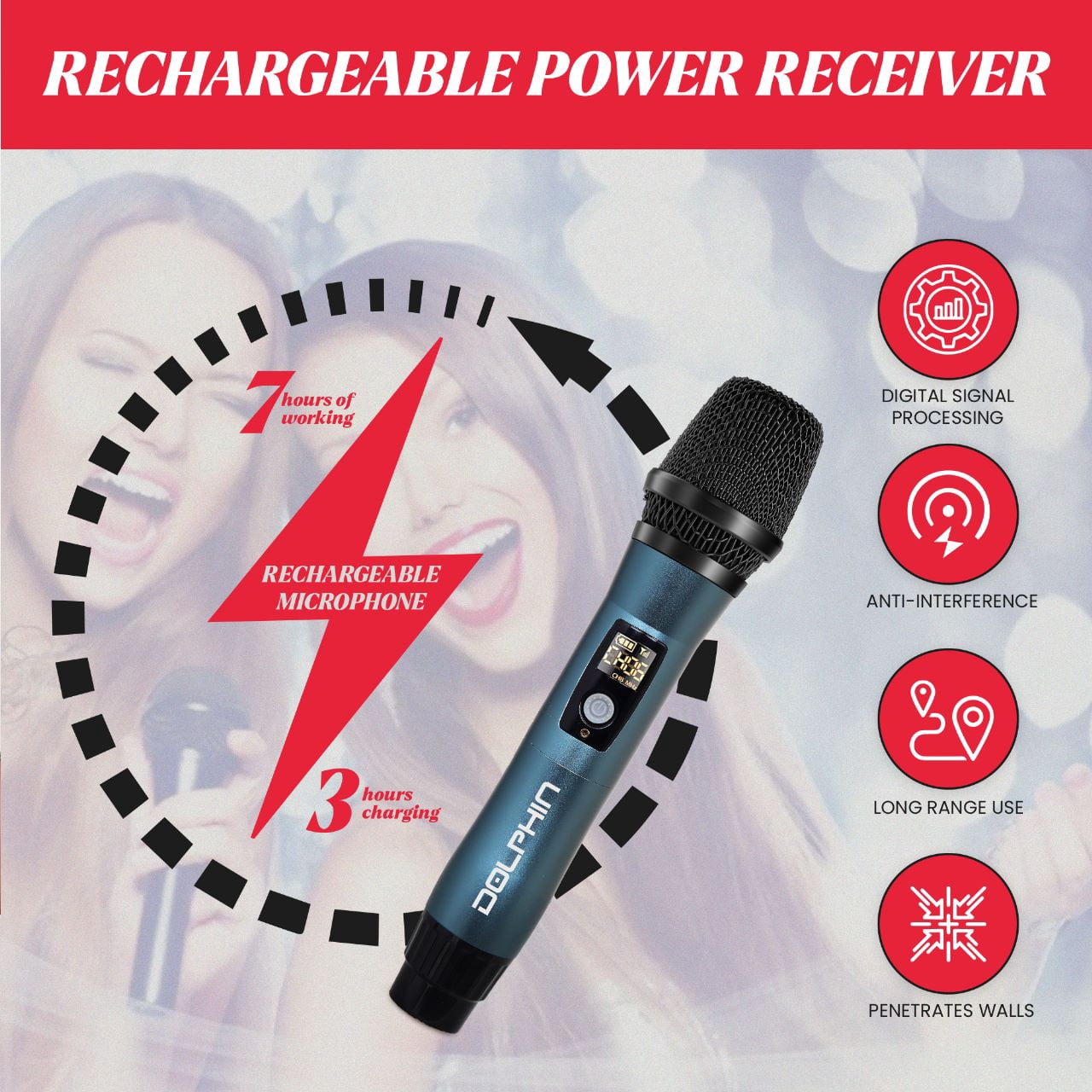 Dolphin MCX11 UHF Wireless Microphone for Karaoke, Singing, PA, Parties, Events, All-Metal, DSP, Long Range | Rechargeable, 50 Channels, Anti-Interference (Blue)