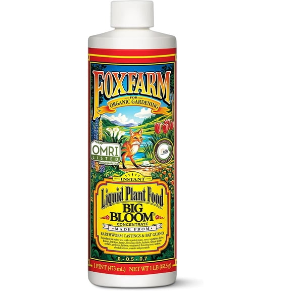 Fox Farm Big Bloom Liquid Plant Food - Organic Bloom for Flowering & Fruiting Plants, Contains Earthworm Castings & Bat Guano - Supports All Stages of Plant Growth - 0-0.5-0.7 NPK, 1 Pint