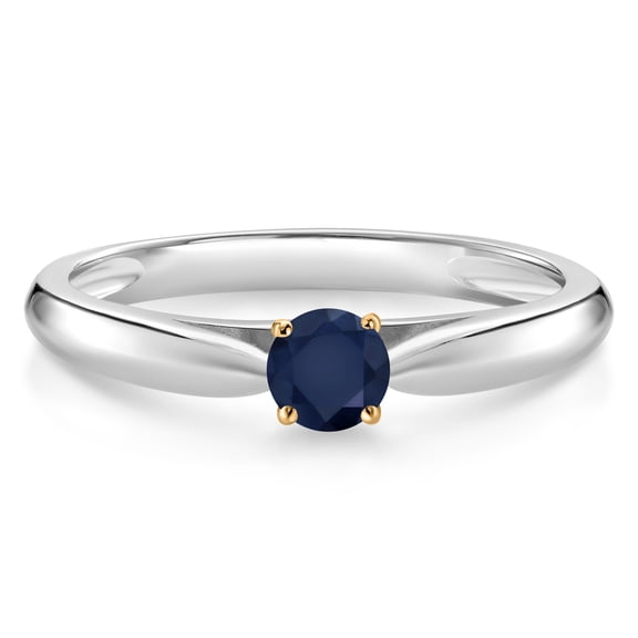 Gem Stone King 0.22 Ct Round Blue Sapphire 10K White and Yellow Gold Solitaire Engagement Ring (Size 5)