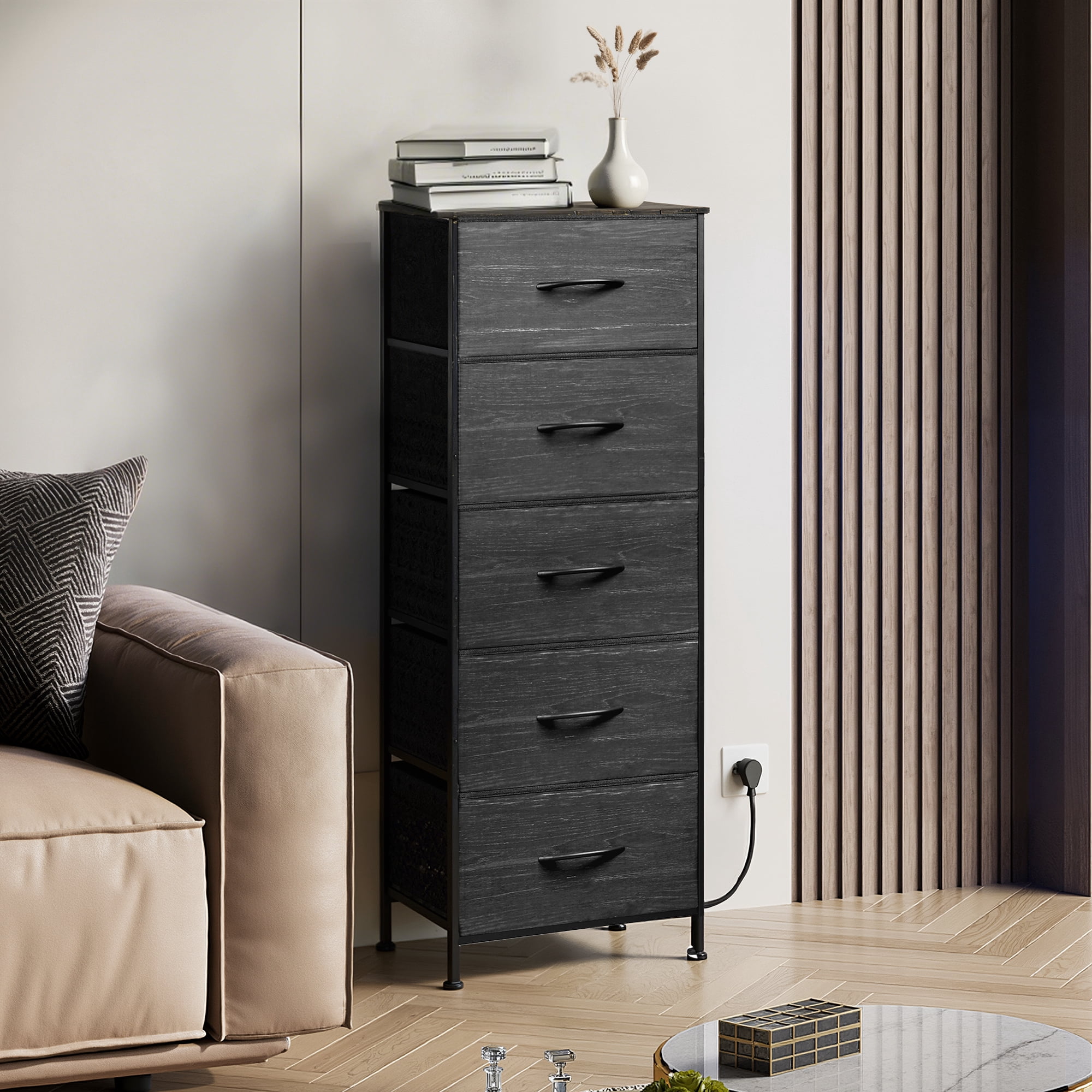 GALAXHERO 5-Drawer Tall Fabric Dresser with Wood Top, Storage Organizer Chest for Bedroom, Closet, Hallway, Sturdy Steel Frame, Charcoal Black Wood Grain Print