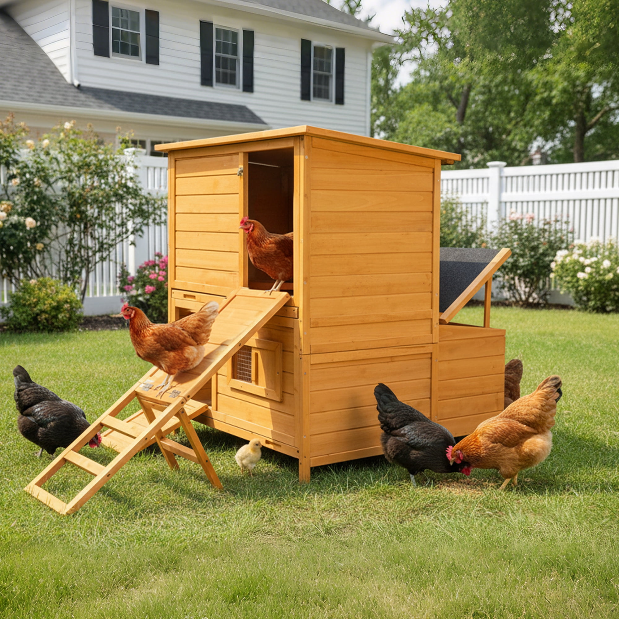 Chicken Coop, Double-House Wooden Chicken Coop For 6-8 Chickens With 3 Nesting Boxes And 2 Pull-Out Trays, Featuring A Foldable Ramp And Flip-Up Asphalt Roof