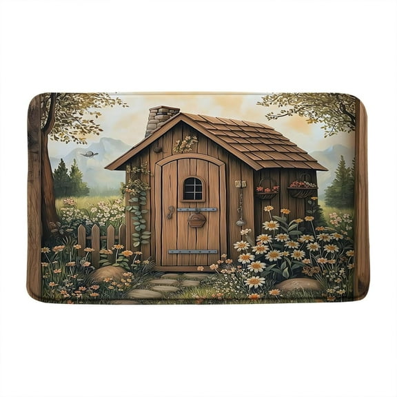 Outhouse Bath Mat Rustic Garden Primitive Old Wooden House Floral Wildflower Plant Vintage Country Yard Scenery Farmhouse Western Bathroom Rug Indoor Carpet Doormat 16x24 Inch