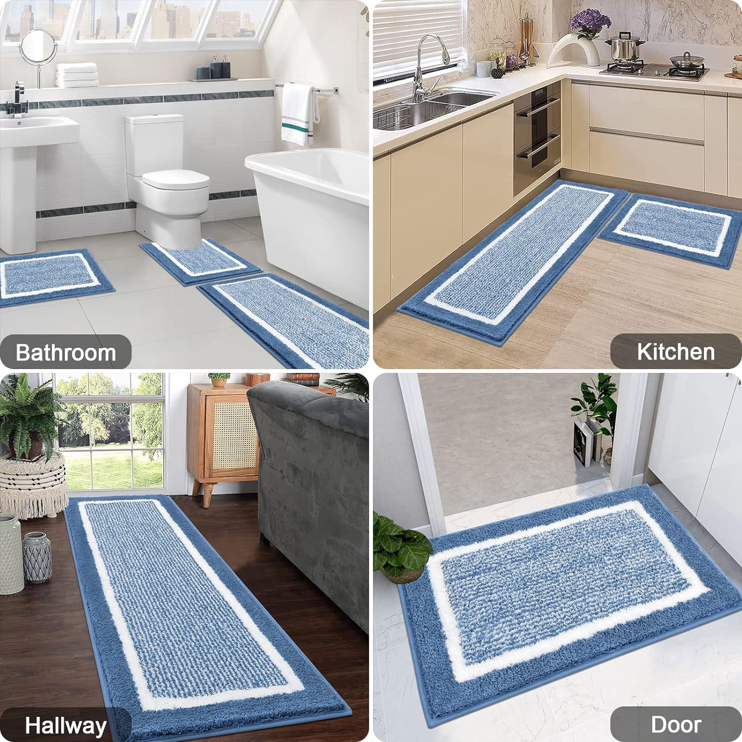 Findosom 3pcs Bathroom Rugs Set with U-Shaped Mat, Non Slip, Quick Drying, Ultra Soft and Water Absorbent Bath Rug Mat Carpet Machine Washable 18"x26"+18"x48"+U Shape 20"x24" Blue