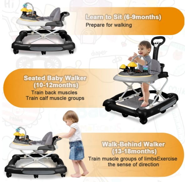 LHUAI Baby Walker With Bouncer, Removable Footrest, Feeding Tray & Music, Foldable & Adjustable Activity Walker For Boys And Girls, Toddler Infant, Black