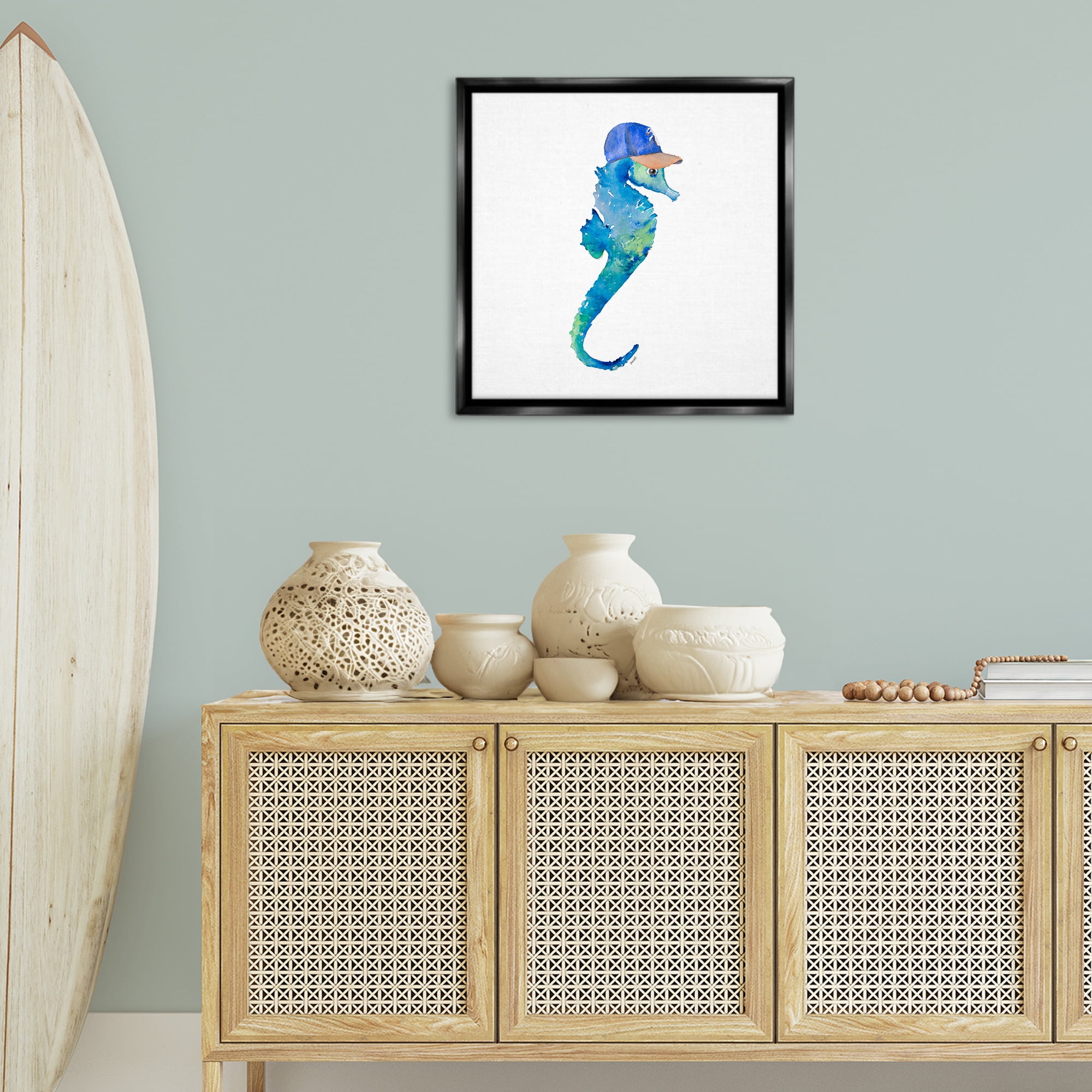 Stupell Industries Blue Seahorse in Hat Novelty Painting Black Floater Framed Canvas Art Print Wall Art, 25 x 25