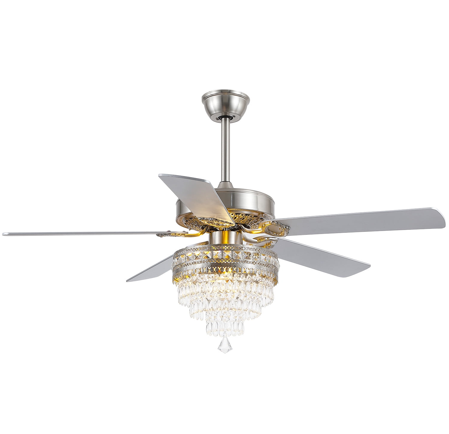 PHORUS 52'' Modern Crystal Ceiling Fan with Lights Remote Control,5 Blades Fandelier Ceiling Fan with Light,Whisper-Quiet Motor,Elegant Chandelier Fan for Living Room,Silver
