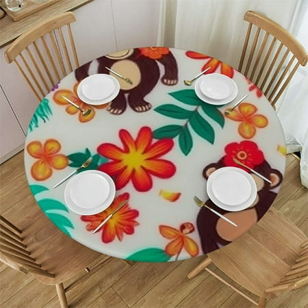 

Patifu Monkey Flowers Jungle Round Tablecloth - Stain-Resistant Washable 100% Polyester Fiber Outdoor Fitted Full-Width Single-Sided Printing 38 -42