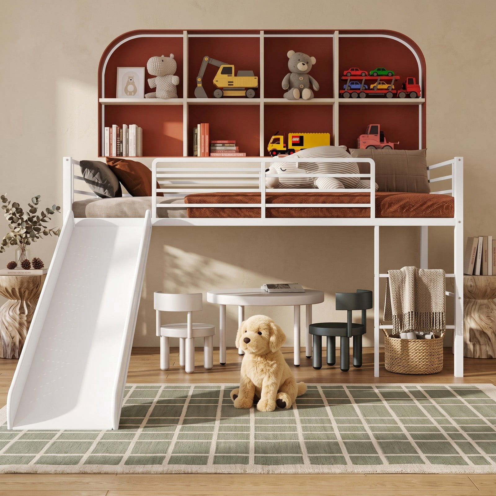 Furnibear Twin Metal Loft Bed with Slide and Built-in Ladder for Kids and Teens Bedroom, Space-Saving Loft Bed Frame with Guardrails, Silver