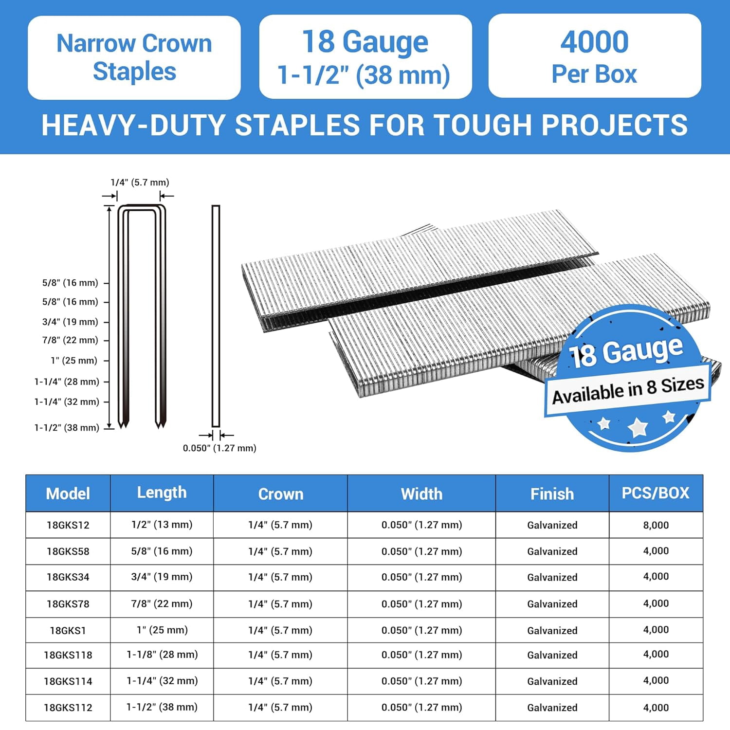 MEITE 18GA 1/4" Narrow Crown Galvanized Staples, 1-1/8" Length for Upholstery 4,000 Pcs/Box(10 Boxes)