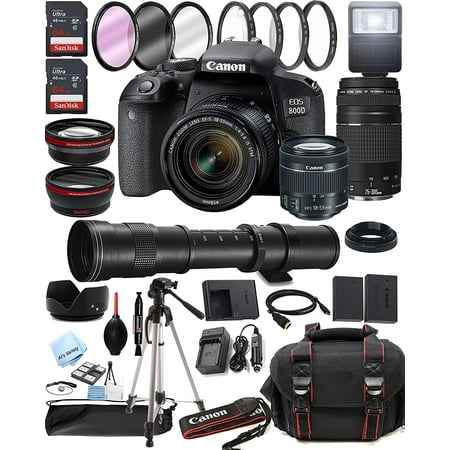 Canon EOS 800D Rebel T7i DSLR Camera w/EF-S 18-55mm F/4-5.6 is STM Zoom Lens + 75-300mm F/4-5.6 III Lens + 420-800mm Super Telephoto Lens + 128GB Memory + Case + Tripod + Filters 40pc Bundle