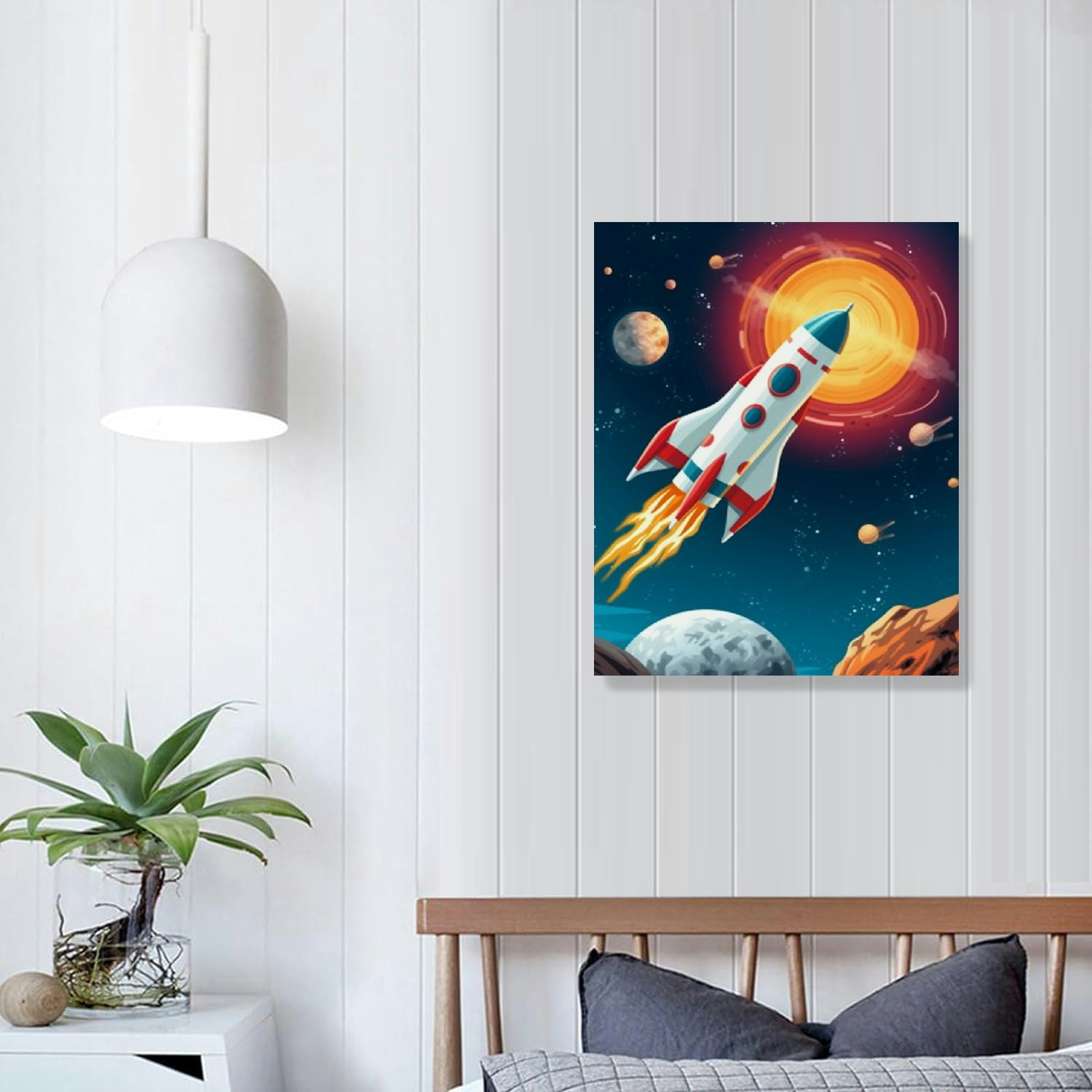 JEUXUS  Outer Space Dinosaur Room Decor,Solar System Stars Wall Canvas Poster,Planet Astronaut Art Print,Rocket Decor for Boys Room Toddler Kids Room Classroom Space Decor