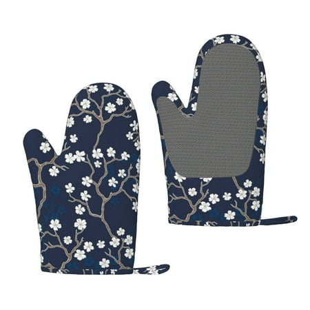 

Lafuoo Cherry Blossoms on Navy Background Pattern Silicone Anti-Scalding Gloves Hanging Rope Gloves are Suitable for Kitchen Utensils for Kitchen Baking Cooking Outdoor Barbecue