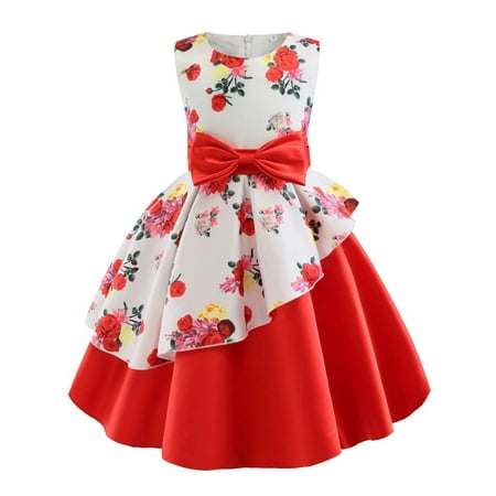 

Rewenti Children s Girl Dress Irregular Hemline Princess Skirt Printed Dress Bow Performance Suit Girl s Gift Red 6-7 Years