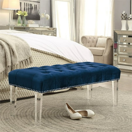 Wyatt Navy Blue Velvet Upholstered Bench Acrylic Legs Nailhead Wyatt Navy Blue Velvet Upholstered Bench Acrylic Legs Nailhead