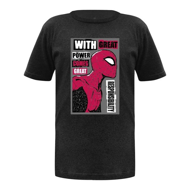 Playera Spiderman Talla 16 Manga Corta con Estampado With Great Power Comes Great Responsability Gris Oxford