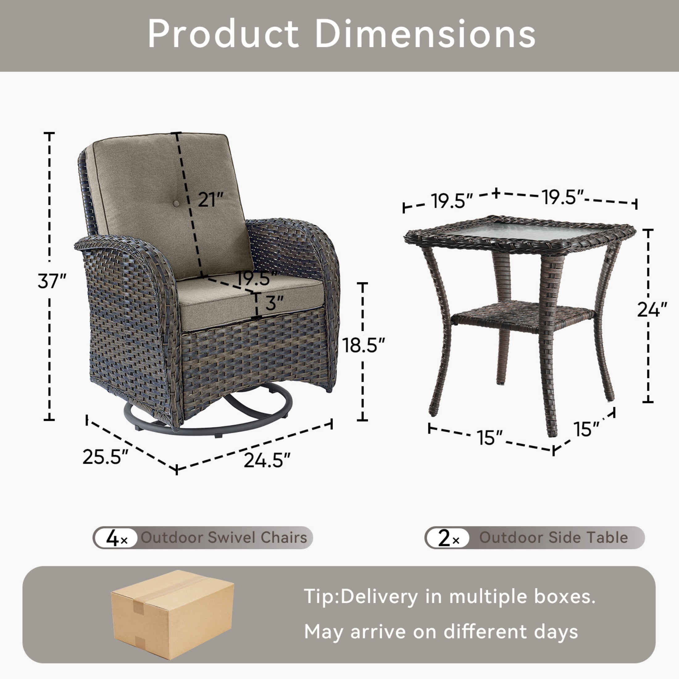 Unnifurnzi 6 Pieces Patio Bistro Set Outdoor Swivel Rocker Patio Chairs with Side Table Patio Furniture for Deck Porch Garden Balcony Poolside-Brown/Gray