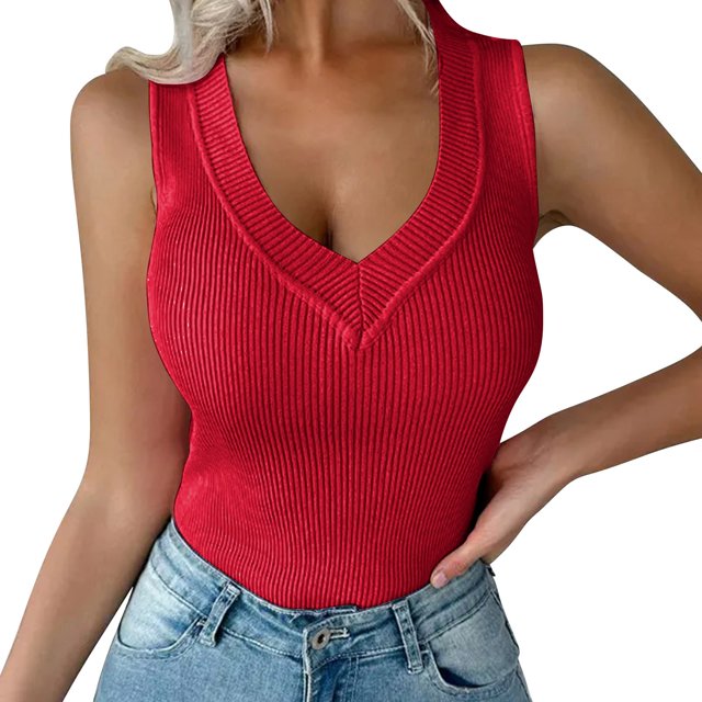 Charmgo Tank Tops for Women Trendy Womens Casual Slim Fit V Neck Ribbed Knit Tanks Tops Sleeveless T Shirts Sleeveless Shirt Slim Fit Casual Basic Top Summer Tops for Women Red S
