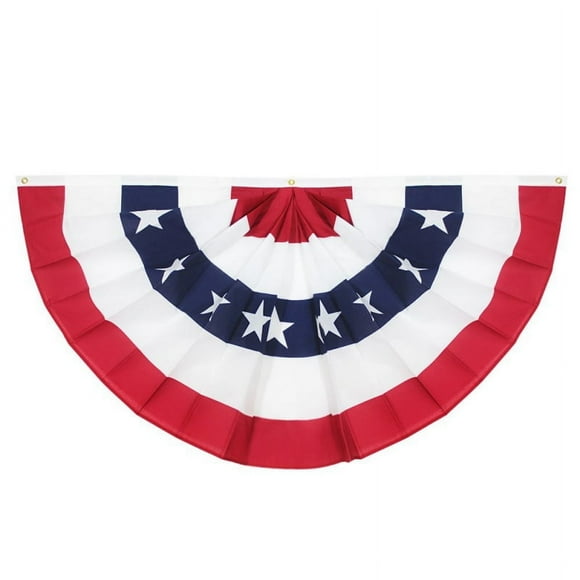 USA Patriotic Nylon Bunting Pleated Flag, 2 Sided, Embroidered Stars, Sewn Stripes, Grommets- American Flag Decor Outdoor Use Inside Outside Porch Rail or Window Decoration