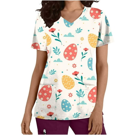 

Scyoekwg Scrubs Tops for Women Easter Shirts for Women Clearance Casual Loose Fit Easter Egg Print Graphic Tee Summer Tops Crewneck Short Sleeve Tunic Tops Pockets Trendy Tops Khaki L