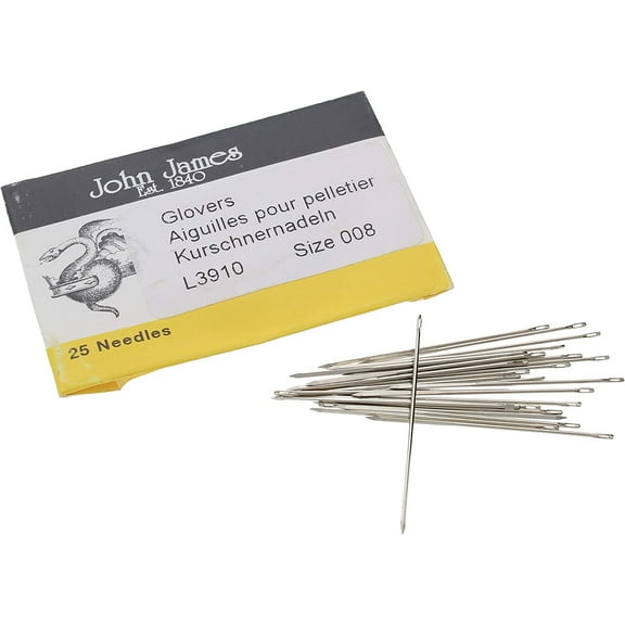 John James Glovers Needles, Size #8, 34mm in Length and 0.61mm in Diameter, Pack of 25, Triangular Point, Ideal to Pass Through Tougher Materials