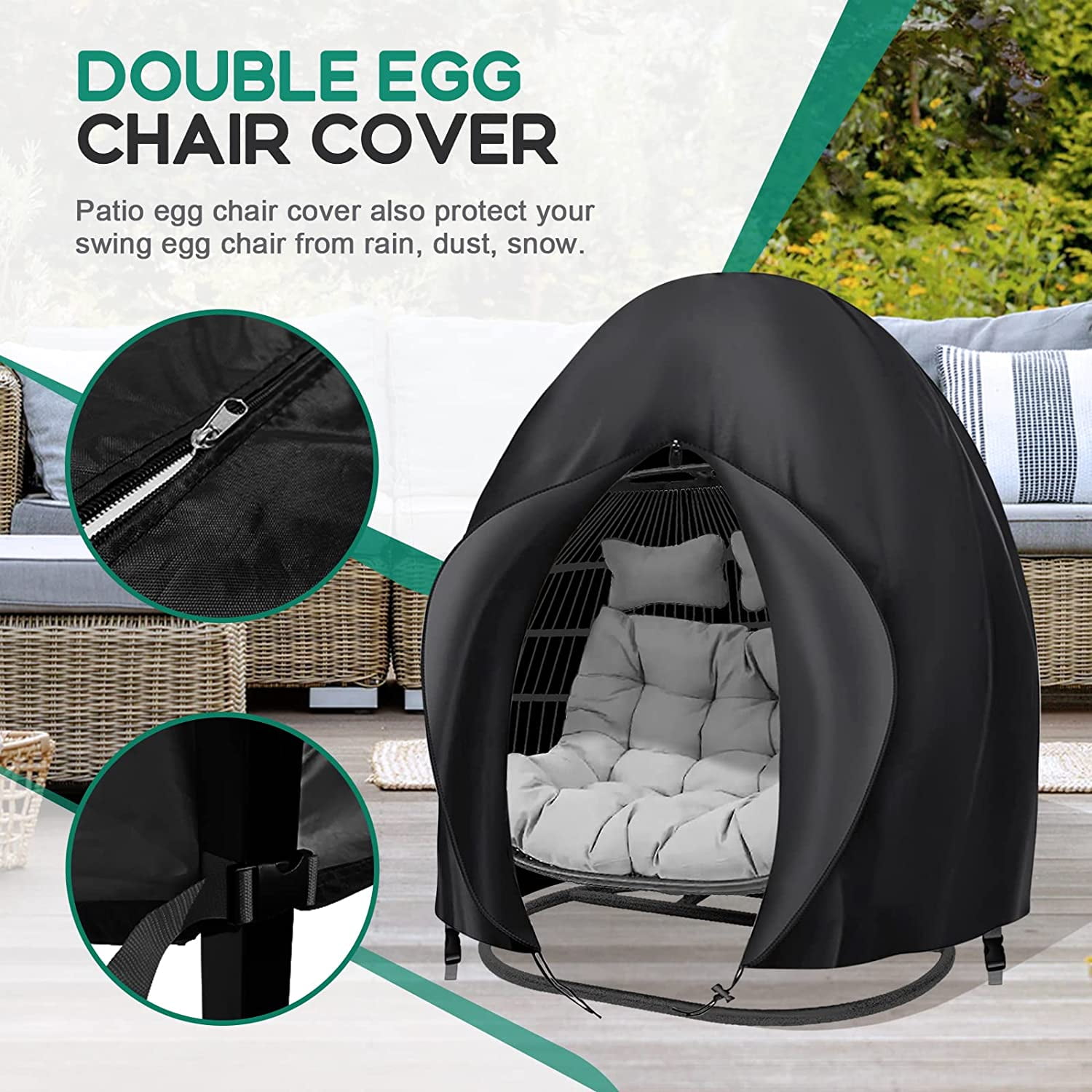 Egg Chair Cover,Patio Extra Large Double Egg Chair Cover for Outdoor Furniture, Heavy Duty Swing Hanging Egg Chair Cover Waterproof, Dust-Proof,7.87" x 9.84" x 1.97",Black