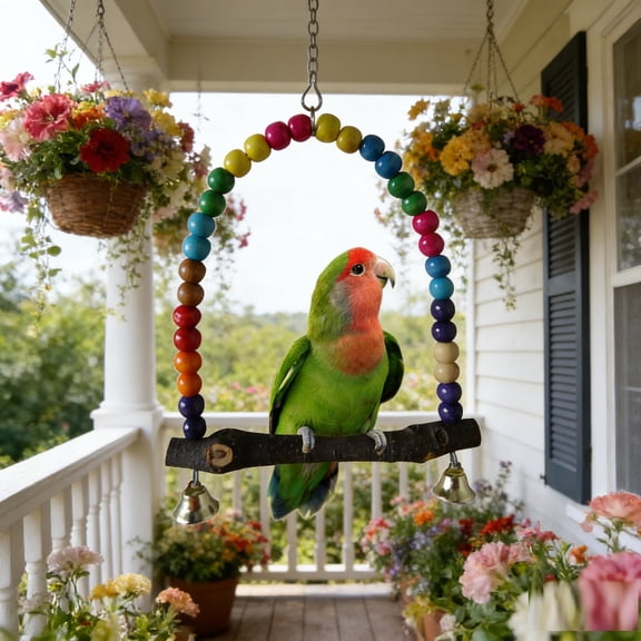 Bird Swing Toy Natural Wooden Perch with Colorful Plastic Beads and Two Chimes for Parrot Cage Decor