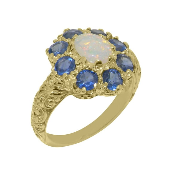 LBG British Made 10k Yellow Gold Natural Opal & Sapphire Womens Statement Ring - 33 size options - Size 10