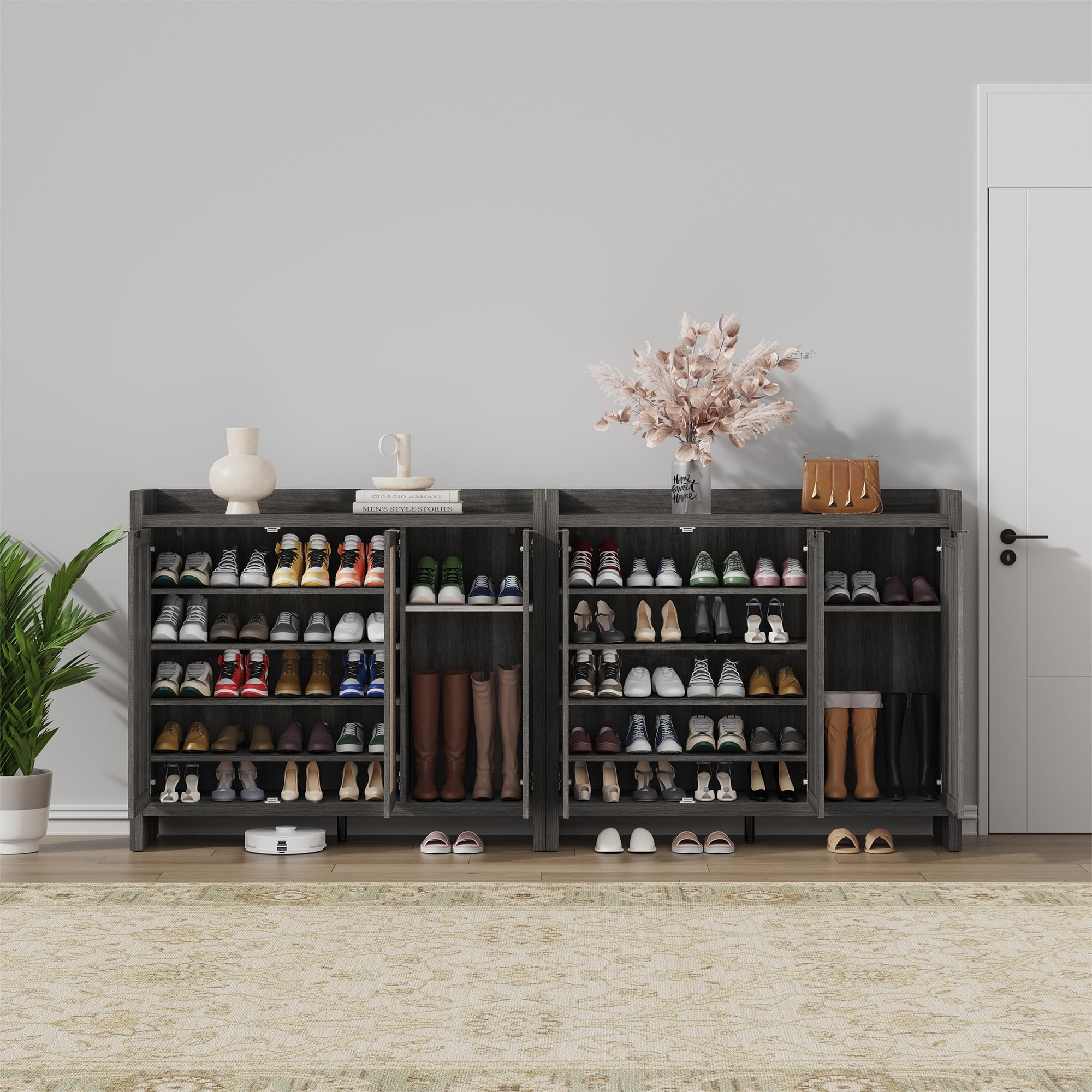 SICOTAS 7 Tier Shoe Storage Cabinet for Entryway, 30 Pairs Rattan Shoe Rack Cabinet with Doors & Adjustable Shelves, Boho Shoe Organizer Cabinet for Hallway, Black Oak
