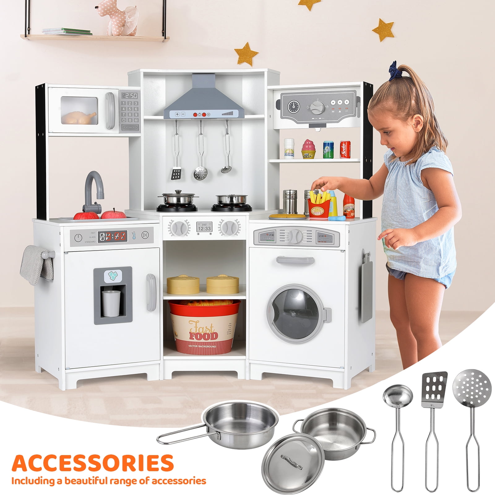 Arlopu Kids Corner Kitchen Playset Wooden Chef Play with Stove, Water Dispenser, Cutting Board