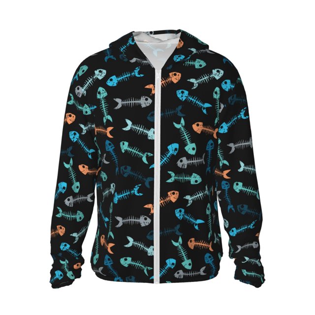 Balery Little Fish Skeleton Sudadera ligera de manga larga con capucha y protección solar UPF 50+ para hombre y mujer, ideal para pesca y running-Large